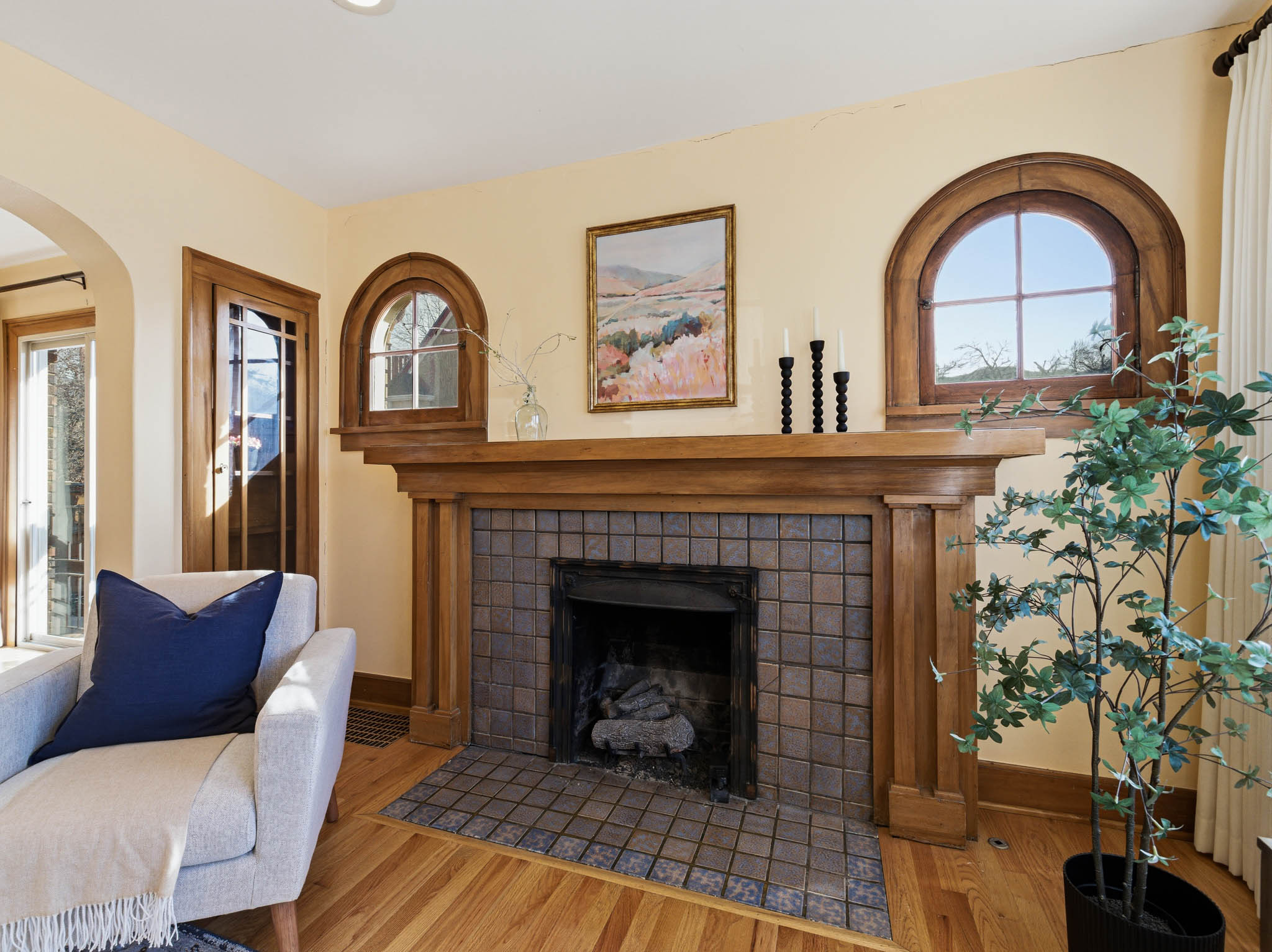 Living room featuring wood finished floors, plenty of natural light, and a fireplace