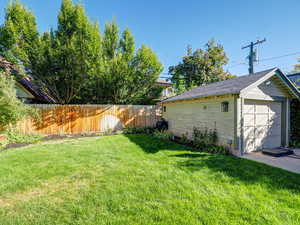 Fenced yard with a garage and an outbuilding
