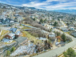Aerial perspective of suburban area with mountains