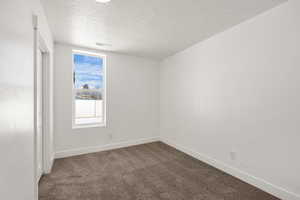 Unfurnished room featuring dark carpet and a textured ceiling