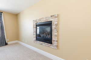 Detailed view of carpet flooring and a fireplace