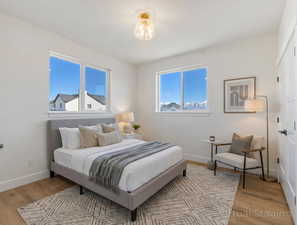 Bedroom featuring light wood-style floors and multiple windows