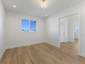 Spare room with light wood finished floors, healthy amount of natural light, and recessed lighting