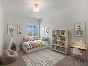 Carpeted bedroom with baseboards