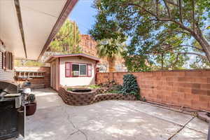 Fenced backyard featuring a patio, a grill, and an outdoor structure