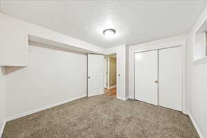 Unfurnished bedroom featuring carpet, a textured ceiling, and a closet