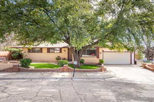 View of front of house with brick siding, concrete driveway, and a garage