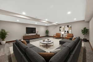 Carpeted living room with recessed lighting and beamed ceiling