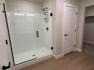 Bathroom with hardwood / wood-style flooring, a shower stall, and a spacious closet