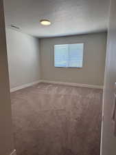 Unfurnished room featuring light colored carpet and a textured ceiling