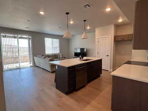 Kitchen featuring open floor plan, hanging light fixtures, light wood finished floors, and dishwasher
