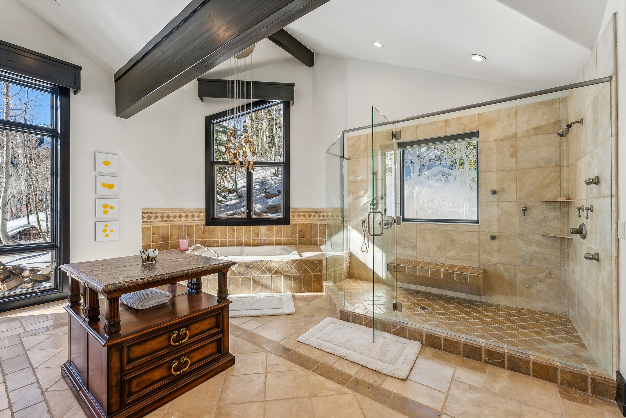 Full bath with a garden tub, a stall shower, lofted ceiling with beams, and recessed lighting