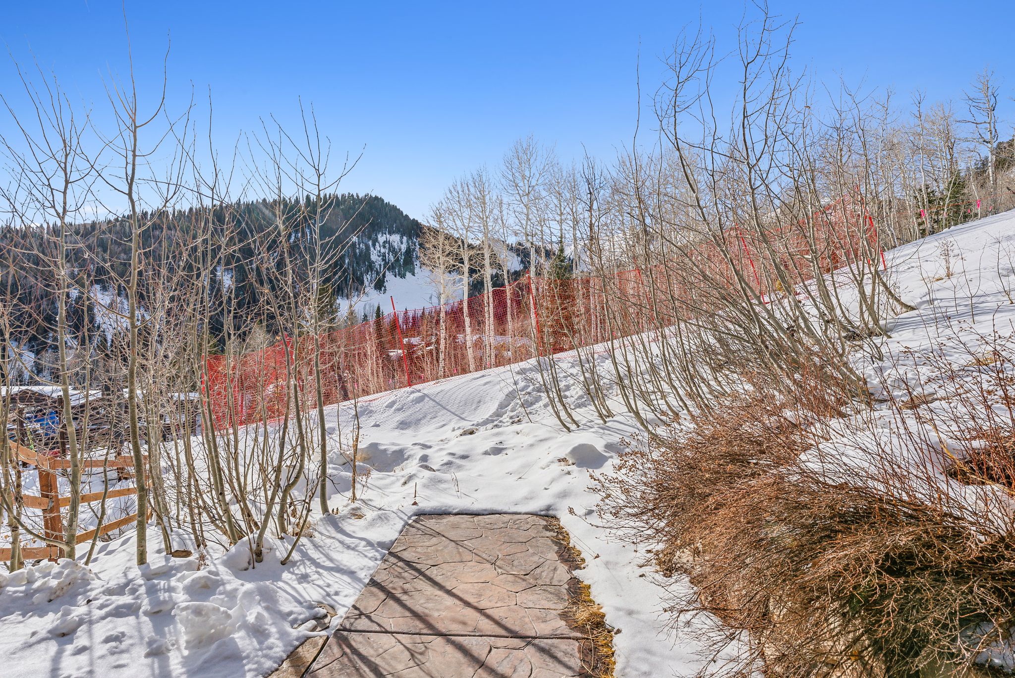 Snowy yard featuring a mountain view