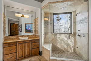 Full bath with vanity and a stall shower