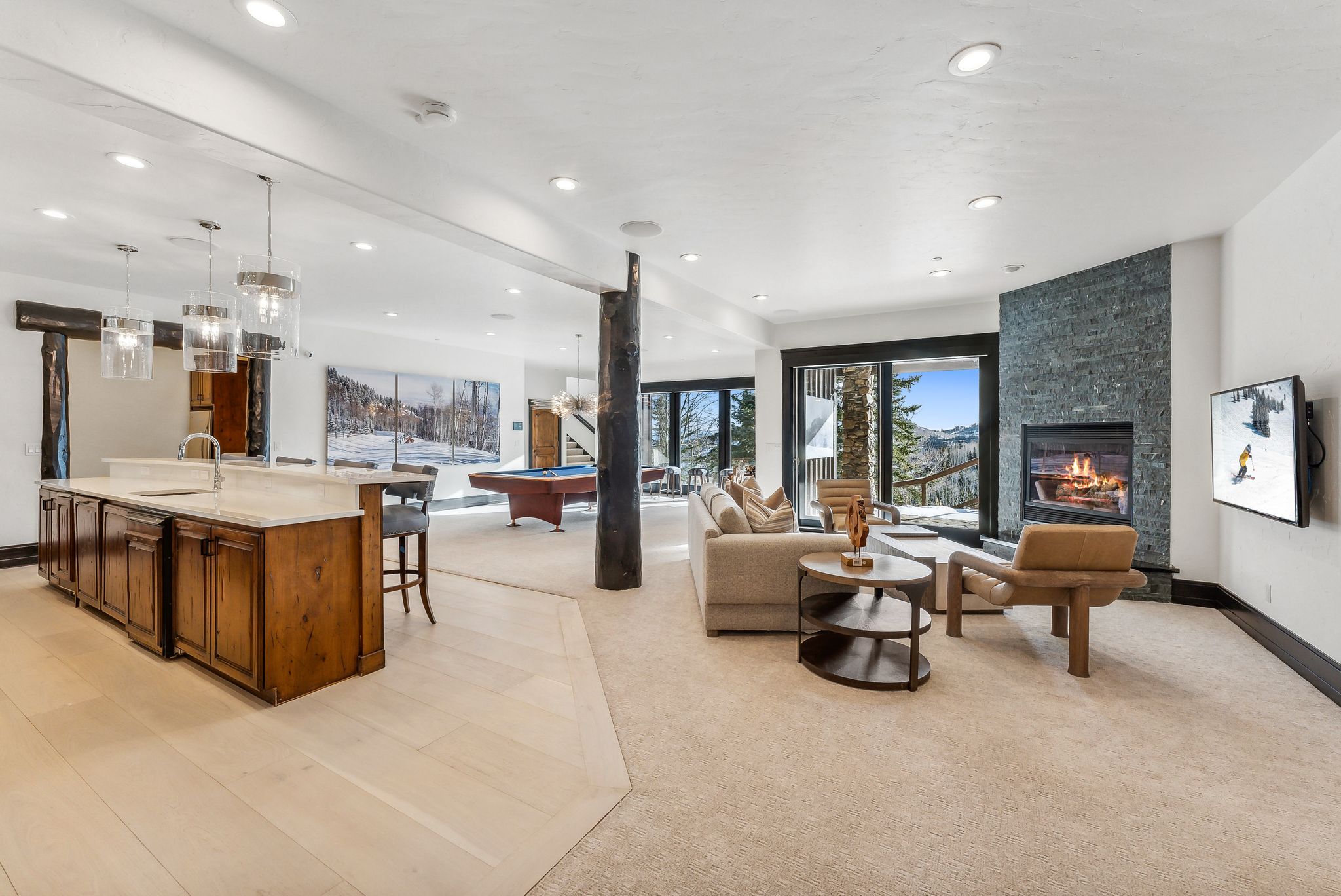 Living area featuring billiards, light carpet, a large fireplace, and recessed lighting