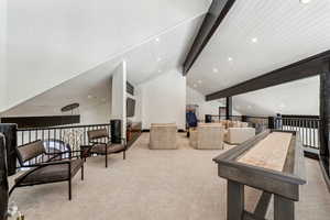 Playroom with carpet, recessed lighting, and lofted ceiling