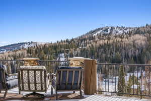Snow covered deck with a forest view and a mountain view