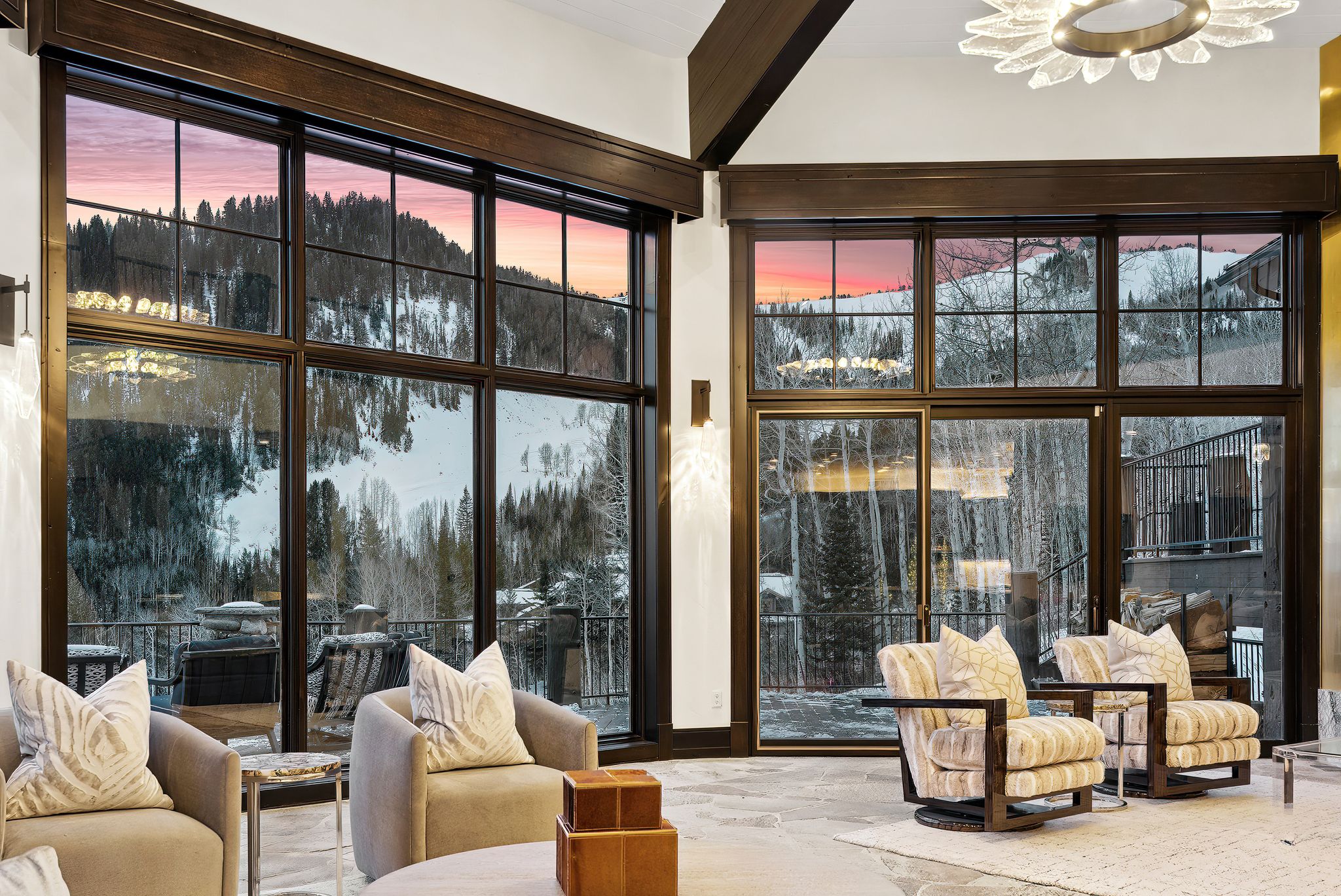 Sunroom with suspended lighting