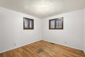 Empty room with light wood-type flooring, healthy amount of natural light, and a textured ceiling