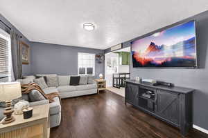 Living area with dark wood finished floors and a textured ceiling