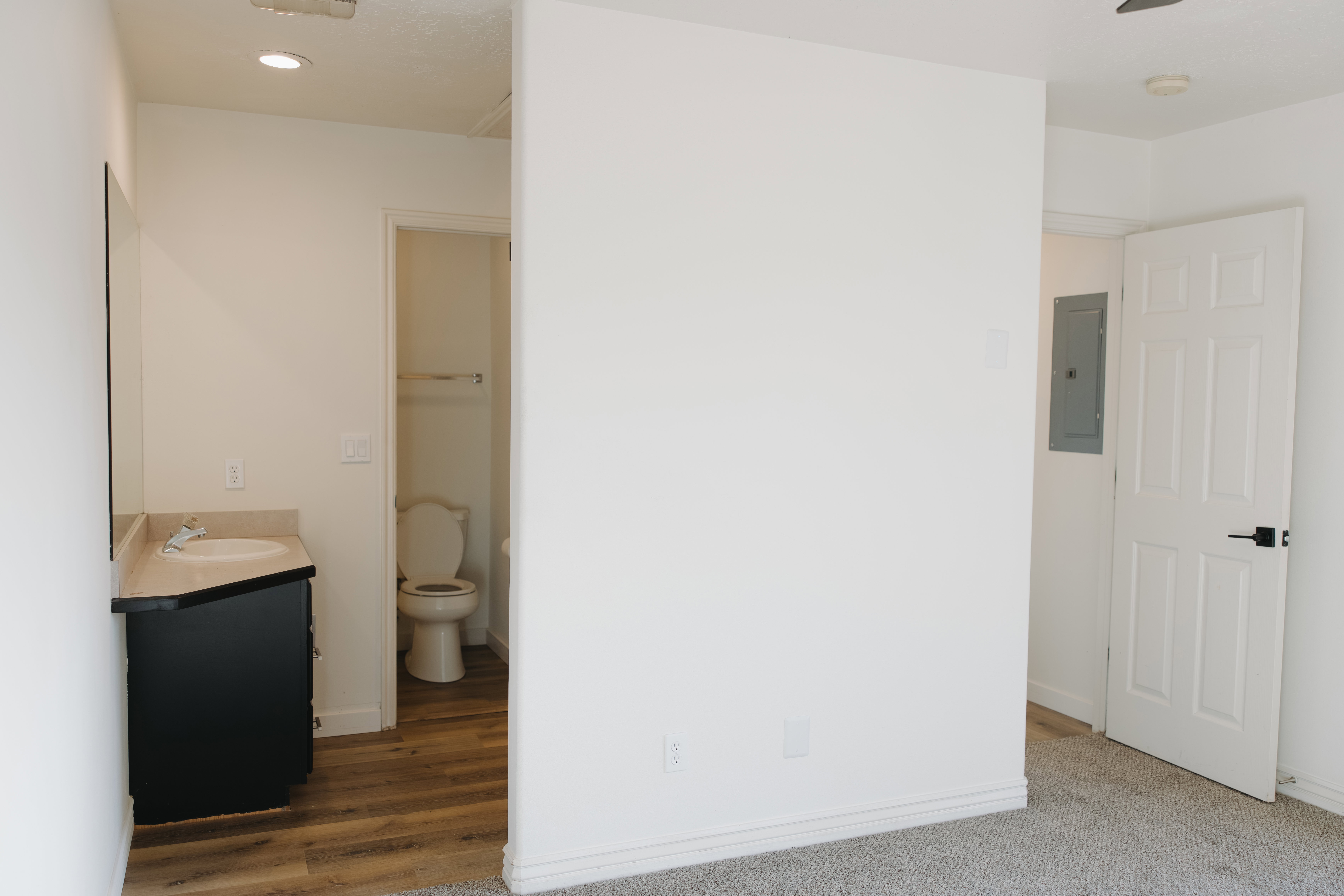 Bathroom with vanity, electric panel, and recessed lighting