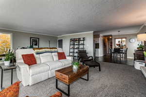 Carpeted living room featuring plenty of natural light, crown molding, and a textured ceiling