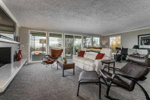 Carpeted living room featuring crown molding, a fireplace with raised hearth, and a textured ceiling