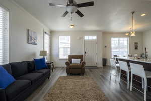 Living room featuring dark wood-type flooring, plenty of natural light, ceiling fan, a textured ceiling, and ornamental molding