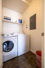 Laundry room featuring electric panel and separate washer and dryer