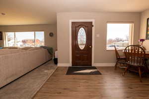 Foyer entrance featuring wood finished floors and healthy amount of natural light