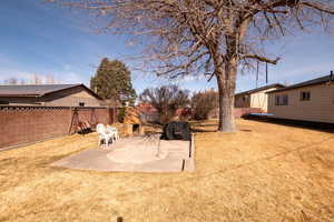 Fenced backyard featuring a patio area