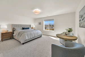 Bedroom with carpet and a mountain view