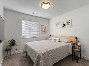 Carpeted bedroom with baseboards and a textured ceiling
