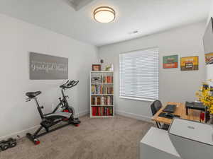 Home office featuring light colored carpet and baseboards