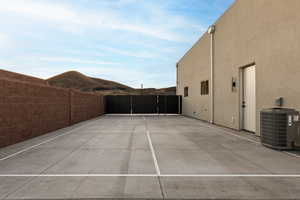 View of patio with a mountain view