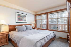 Bedroom with carpet floors and a baseboard radiator