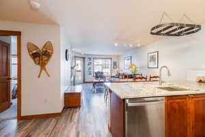 Kitchen with dishwasher, light stone countertops, wood finished floors, a peninsula, and track lighting