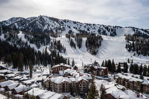 Snowy aerial view featuring a mountain view