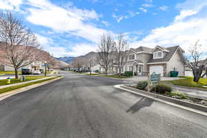 View of asphalt road featuring a residential view and curbs