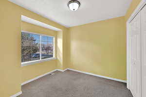 Unfurnished bedroom with a closet, carpet floors, and a textured ceiling