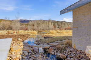 View of yard with a water and mountain view