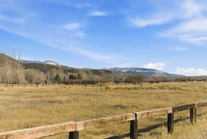 Expansive open field with natural grasses and distant mountains