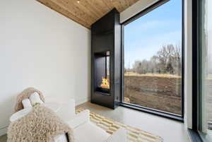 Modern corner fireplace with a black surround, accompanied by large format windows framing outdoor scenery