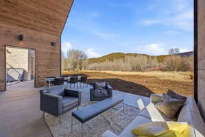 Expansive outdoor patio featuring a concrete surface, a wood-paneled exterior wall, and a large dining area