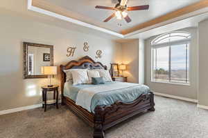 Bedroom featuring a raised ceiling, a ceiling fan, carpet floors, and ornamental molding