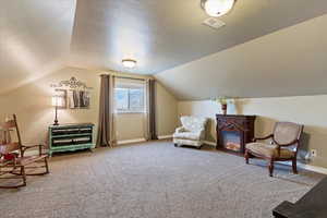 Sitting room with carpet and a glass covered fireplace