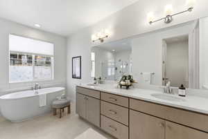 Bathroom featuring a stall shower, double vanity, a freestanding tub, and recessed lighting