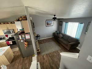 Living area with dark wood-style floors, a ceiling fan, and a textured ceiling