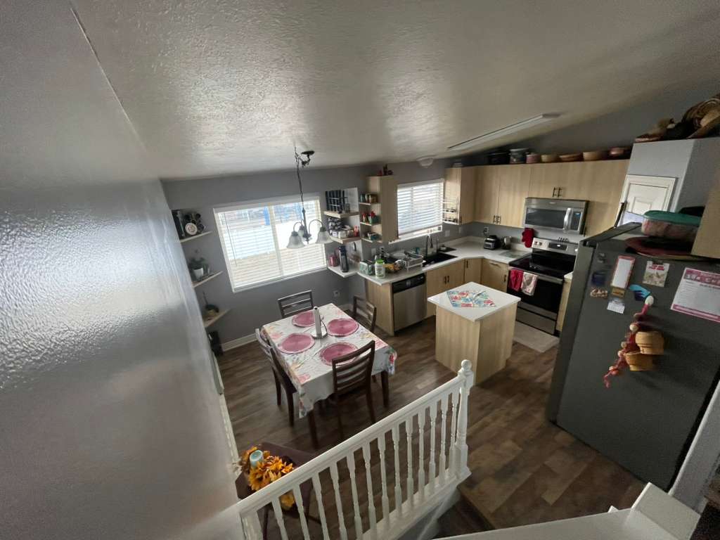Kitchen featuring stainless steel appliances, light wood finish cabinetry, light countertops, and dark wood-style floors