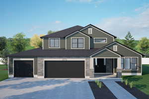 Craftsman inspired home featuring stone siding, driveway, an attached garage, and roof with shingles